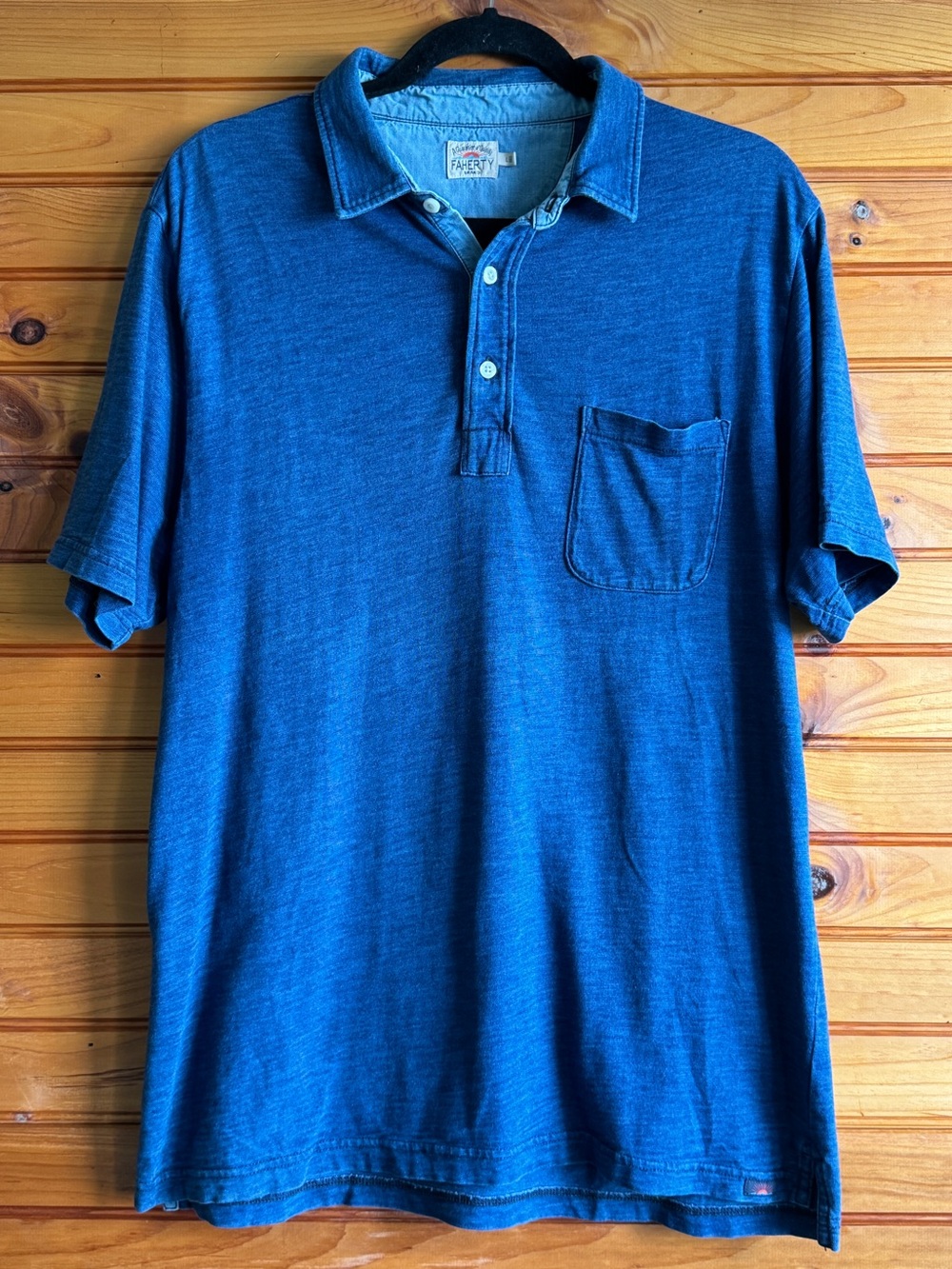 Faherty Short Sleeve Indigo Polo Large Blue Natural Dyed Slub Cotton Pocket